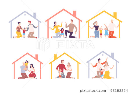 House frames with parents and kids inside set. Happy families at home flat vector illustration House frames with parents and kids inside set. Happy families at home flat vector illustration 98168234