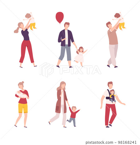 Parents and kids walking together set. Happy mom and dad having good time with their children flat vector illustration 98168241