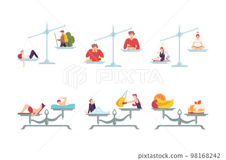 Male and female characters choosing between healthy and unhealthy lifestyle. Bad and good habits concept flat vector illustration Male and female characters choosing between healthy and unhealthy lifestyle. Bad and good habits concept flat vector illustration 98168242