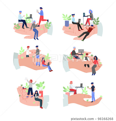 Business people working with laptop computers on human palms set. Safety, support and protection cartoon vector illustration 98168268