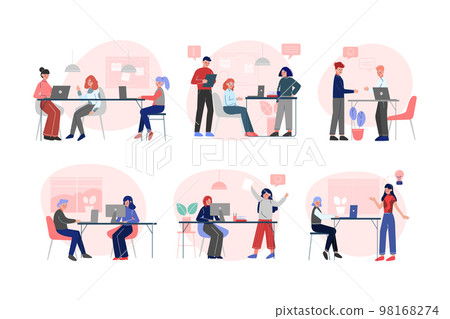 Office staff. Employees sitting at desks communicating and brainstorming. Conversation between colleagues at workplace flat vector illustration 98168274