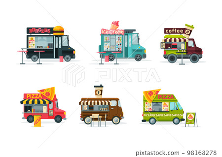 Street food trucks set. Burger, ice cream, coffee, pizza van cars cartoon vector illustration 98168278
