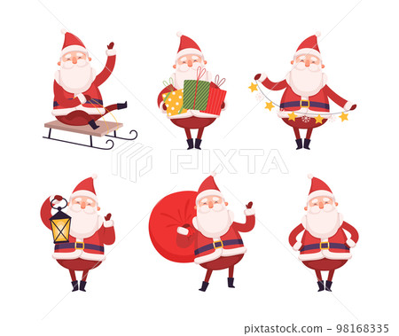 Set of funny Santa Claus character riding sleigh, carrying gifts and holding garland. Christmas New Year symbol cartoon vector illustration Set of funny Santa Claus character riding sleigh, carrying gifts and holding garland. Christmas New Year symbol cartoon vector illustration 98168335