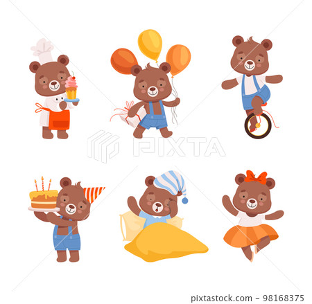 Cute baby character in differents activities set. Funny bear cooking, celebrating holiday, riding unicycle, sleeping cartoon vector illustration 98168375