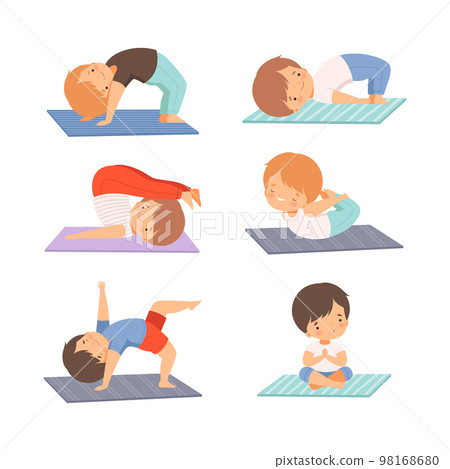 Cute kids doing yoga set. Little boys and girls practicing different poses. Early development and healthy lifestyle cartoon vector illustration Cute kids doing yoga set. Little boys and girls practicing different poses. Early development and healthy lifestyle cartoon vector illustration 98168680