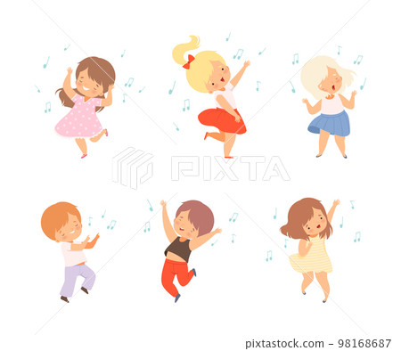 Little children dancing set. Cute boys and girls dancing and happily jumping cartoon vector illustration Little children dancing set. Cute boys and girls dancing and happily jumping cartoon vector illustration 98168687