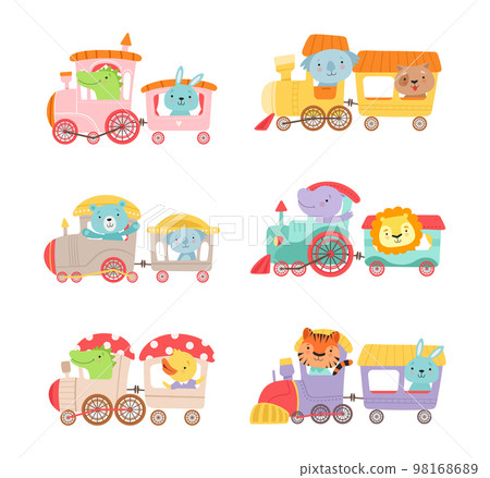 Cute animals riding train set. Little bunny, dog, bear, lion, crocodile, tiger on toy locomotive cartoon vector illustration Cute animals riding train set. Little bunny, dog, bear, lion, crocodile, tiger on toy locomotive cartoon vector illustration 98168689