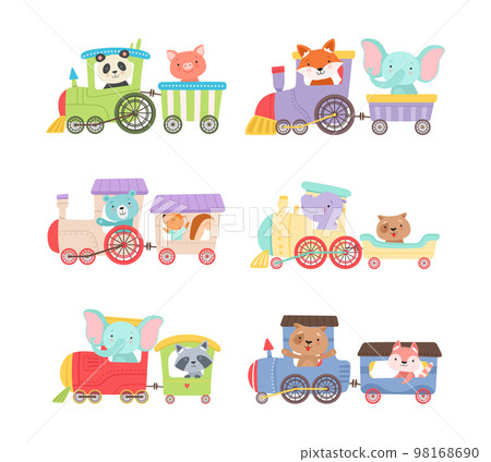 Cute animals riding train set. Little panda, pig, fox, elephant, squirrel, raccoon, hippo on toy locomotive cartoon vector illustration 98168690
