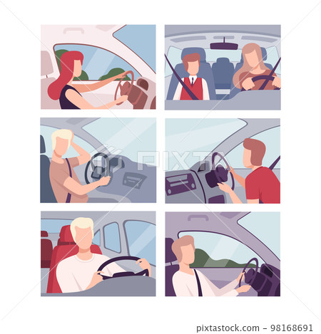 People inside car set. Male and female drivers and passengers characters flat vector illustration People inside car set. Male and female drivers and passengers characters flat vector illustration 98168691