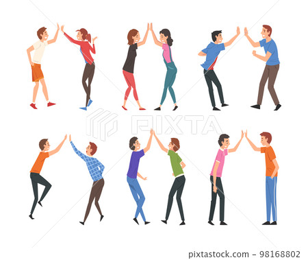 Set of happy people giving high five. Cheerful colleagues or friends metting, celebrating goal achievement cartoon vector illustration 98168802