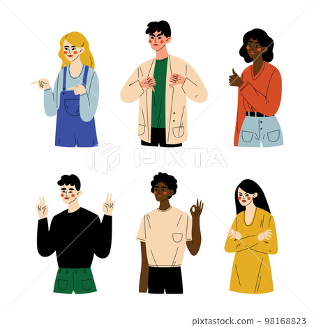 Gesturing young people get. Guys and girls doing different hands gestures cartoon vector illustration Gesturing young people get. Guys and girls doing different hands gestures cartoon vector illustration 98168823