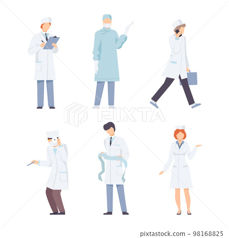 Set of professional doctors in uniform making examination and treatment procedures during work in hospital flat vector illustration Set of professional doctors in uniform making examination and treatment procedures during work in hospital flat vector illustration 98168825