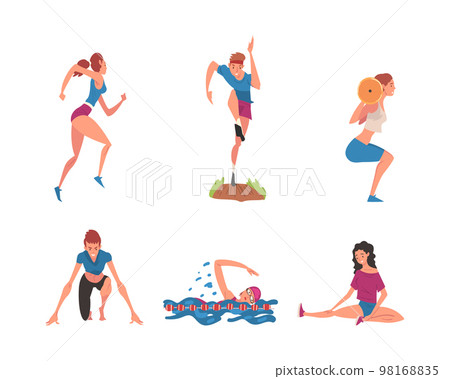 Professional athletes doing sports set. Male and female characters lifting barbell, running, swimming, , cartoon vector illustration 98168835