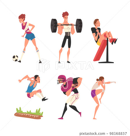 Professional athletes doing sports set. Male and female characters boxing, playing rugby, soccer, lifting barbell, doing long jump cartoon vector illustration Professional athletes doing sports set. Male and female characters boxing, playing rugby, soccer, lifting barbell, doing long jump cartoon vector illustration 98168837