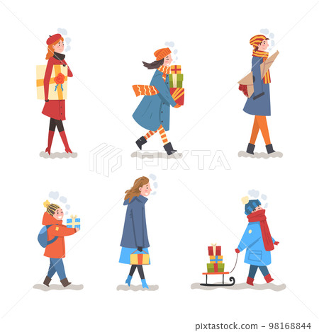 Set of cheerful people in warm winter clothes carrying gift boxes . Christmas and New year cartoon vector illustration 98168844
