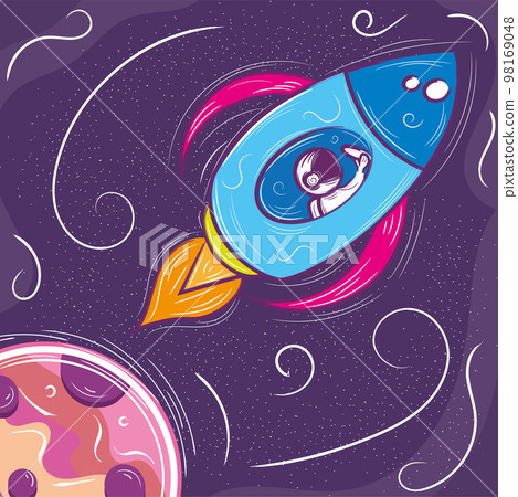 Cute chalkboard sketch of a rocket and a planet Vector 98169048