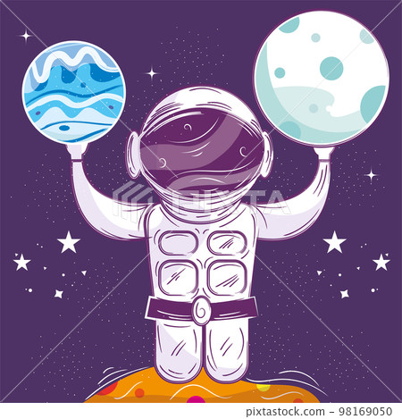 Cute chalkboard sketch of an astronaut playing with planets Vector 98169050