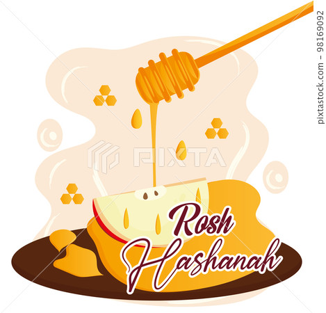 Cute rosh hashanah poster Honey stick with a cut apple Vector Cute rosh hashanah poster Honey stick with a cut apple Vector 98169092