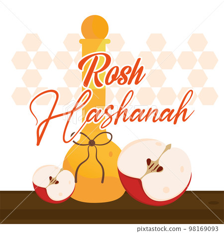 Cute rosh hashanah poster Honey jar with cut apples Vector Cute rosh hashanah poster Honey jar with cut apples Vector 98169093