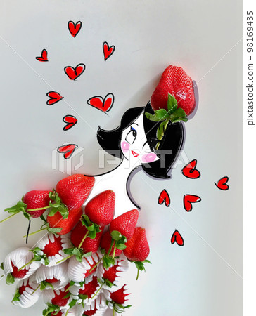 Illustration of a woman wearing a strawberry head accessory and a dress 98169435