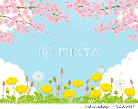 櫻花、蒲公英和馬尾春景盛開_框架背景 98169437