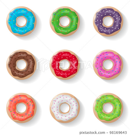 Donuts set isolated background in realistic style. Color glazed donuts. Vector illustration Donuts set isolated background in realistic style. Color glazed donuts. Vector illustration 98169643