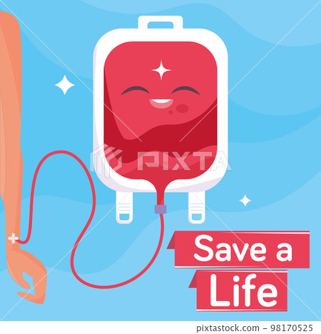 Happy blood bag connected to arm Blood donation concept Vector 98170525