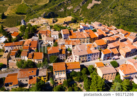 Aerial view of little village Cucugnan in the Aude area Aerial view of little village Cucugnan in the Aude area 98171286
