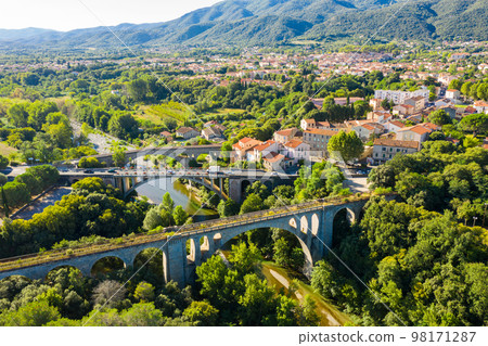 View from drone of Ceret town in summer, France View from drone of Ceret town in summer, France 98171287