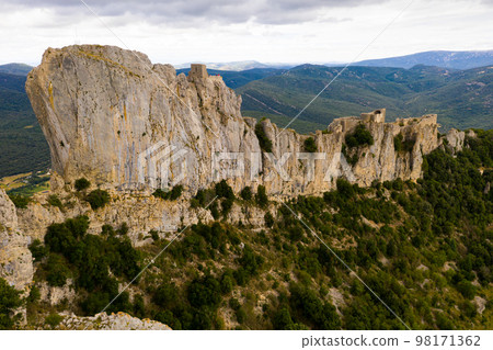 Aerial view of Castle ruin Peyrepertuse in the Aude in France Aerial view of Castle ruin Peyrepertuse in the Aude in France 98171362