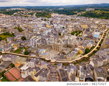 Aerial panoramic view of Lugo city with buildings and landscape Aerial panoramic view of Lugo city with buildings and landscape 98171427