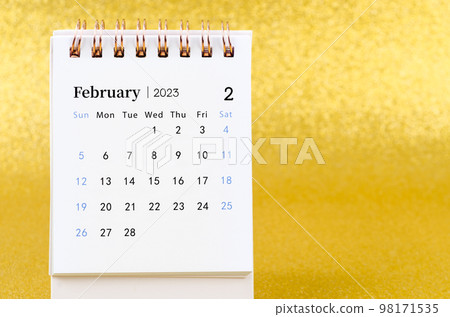 The February 2023 Monthly desk calendar for 2023 year on golden color background. 98171535