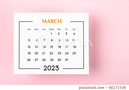 The March 2023 Monthly calendar for 2023 year on pink background. 98171536