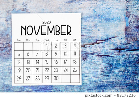 The November 2023 Monthly calendar for 2023 year on old blue wooden background. The November 2023 Monthly calendar for 2023 year on old blue wooden background. 98172236