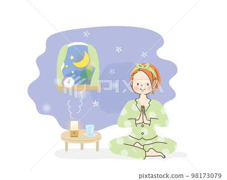 一個女人睡前做瑜伽的插圖素材 一個女人睡前做瑜伽的插圖素材 98173079