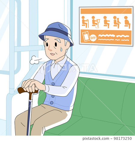 A senior man sitting in a priority seat with a gentle touch help mark 98173250