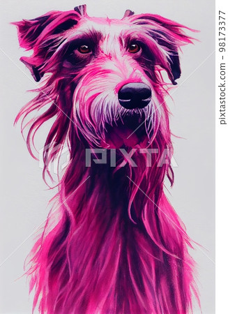 Funny adorable portrait headshot of cute doggy. Scottish Deerhound dog breed puppy, standing facing front. Looking to camera. Watercolor imitation illustration. AI generated vertical artistic poster. 98173377