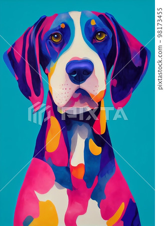 Funny adorable portrait headshot of cute doggy. Bluetick Coonhound dog breed puppy, standing facing front. Looking to camera. Watercolor imitation illustration. AI generated vertical artistic poster. Funny adorable portrait headshot of cute doggy. Bluetick Coonhound dog breed puppy, standing facing front. Looking to camera. Watercolor imitation illustration. AI generated vertical artistic poster. 98173455