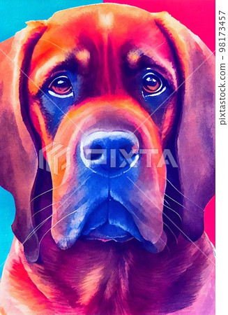 Funny adorable portrait headshot of cute doggy. Bloodhound dog breed puppy, standing facing front. Looking to camera. Watercolor imitation illustration. AI generated vertical artistic poster. Funny adorable portrait headshot of cute doggy. Bloodhound dog breed puppy, standing facing front. Looking to camera. Watercolor imitation illustration. AI generated vertical artistic poster. 98173457
