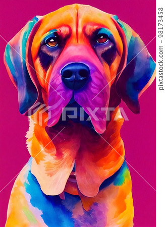 Funny adorable portrait headshot of cute doggy. Bloodhound dog breed puppy, standing facing front. Looking to camera. Watercolor imitation illustration. AI generated vertical artistic poster. Funny adorable portrait headshot of cute doggy. Bloodhound dog breed puppy, standing facing front. Looking to camera. Watercolor imitation illustration. AI generated vertical artistic poster. 98173458