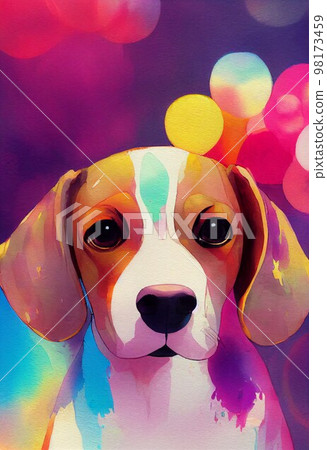 Funny adorable portrait headshot of cute doggy. Beagle dog hound breed puppy, standing facing front. Looking to camera. Watercolor imitation illustration. AI generated vertical artistic poster. Funny adorable portrait headshot of cute doggy. Beagle dog hound breed puppy, standing facing front. Looking to camera. Watercolor imitation illustration. AI generated vertical artistic poster. 98173459