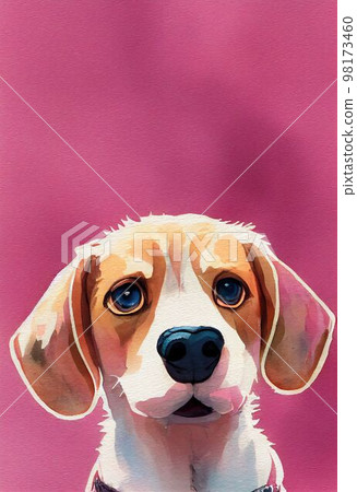 Funny adorable portrait headshot of cute doggy. Beagle dog hound breed puppy, standing facing front. Looking to camera. Watercolor imitation illustration. AI generated vertical artistic poster. Funny adorable portrait headshot of cute doggy. Beagle dog hound breed puppy, standing facing front. Looking to camera. Watercolor imitation illustration. AI generated vertical artistic poster. 98173460