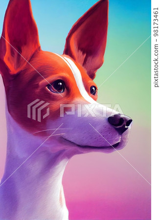 Funny adorable portrait headshot of cute doggy. Basenji dog breed puppy, standing facing front. Looking to camera. Watercolor imitation illustration. AI generated vertical artistic poster. Funny adorable portrait headshot of cute doggy. Basenji dog breed puppy, standing facing front. Looking to camera. Watercolor imitation illustration. AI generated vertical artistic poster. 98173461