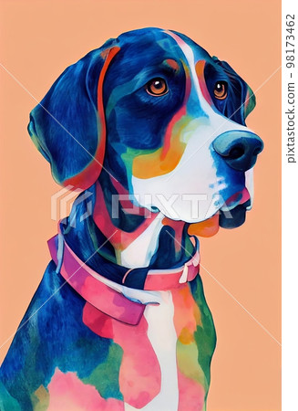 Funny adorable portrait headshot of cute doggy. American English Coonhound dog breed puppy, standing facing front. Looking to camera. Watercolor imitation illustration. Vertical artistic poster Funny adorable portrait headshot of cute doggy. American English Coonhound dog breed puppy, standing facing front. Looking to camera. Watercolor imitation illustration. Vertical artistic poster 98173462