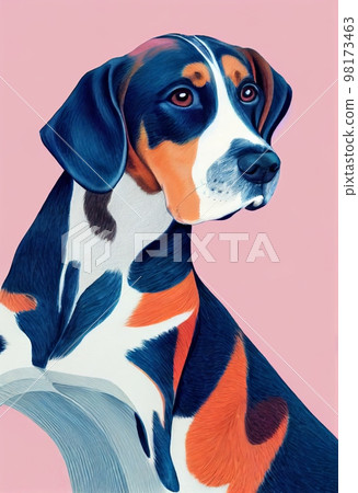 Funny adorable portrait headshot of cute doggy. American English Coonhound dog breed puppy, standing facing front. Looking to camera. Watercolor imitation illustration. Vertical artistic poster Funny adorable portrait headshot of cute doggy. American English Coonhound dog breed puppy, standing facing front. Looking to camera. Watercolor imitation illustration. Vertical artistic poster 98173463