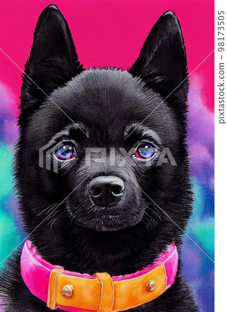 Funny adorable portrait headshot of cute doggy. Schipperke Dog breed puppy, standing facing front. Looking to camera. Watercolor imitation illustration. AI generated vertical artistic poster. 98173505