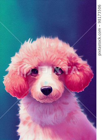 Funny adorable portrait headshot of cute doggy. Poodle Dog breed puppy, standing facing front. Looking to camera. Watercolor imitation illustration. AI generated vertical artistic poster. 98173506