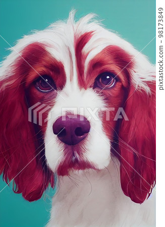 Funny adorable portrait headshot of cute doggy. Irish Red and White Setter dog breed puppy, standing facing front. Looking to camera. Watercolor imitation illustration. Vertical artistic poster Funny adorable portrait headshot of cute doggy. Irish Red and White Setter dog breed puppy, standing facing front. Looking to camera. Watercolor imitation illustration. Vertical artistic poster 98173849