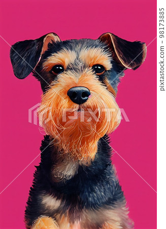 Funny adorable portrait headshot of cute doggy. Welsh Terrier dog breed puppy, standing facing front. Looking to camera. Watercolor imitation illustration. AI generated vertical artistic poster. Funny adorable portrait headshot of cute doggy. Welsh Terrier dog breed puppy, standing facing front. Looking to camera. Watercolor imitation illustration. AI generated vertical artistic poster. 98173885
