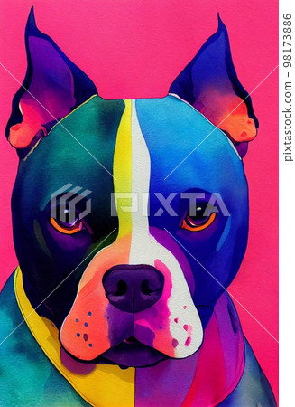 Funny adorable portrait headshot of cute doggy. Staffordshire Bull Terrier dog breed puppy, standing facing front. Looking to camera. Watercolor imitation illustration. Vertical artistic poster Funny adorable portrait headshot of cute doggy. Staffordshire Bull Terrier dog breed puppy, standing facing front. Looking to camera. Watercolor imitation illustration. Vertical artistic poster 98173886